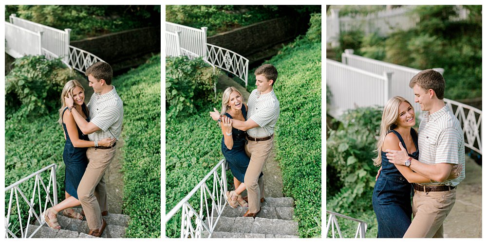 Couple embracing and laughing on stone path in garden