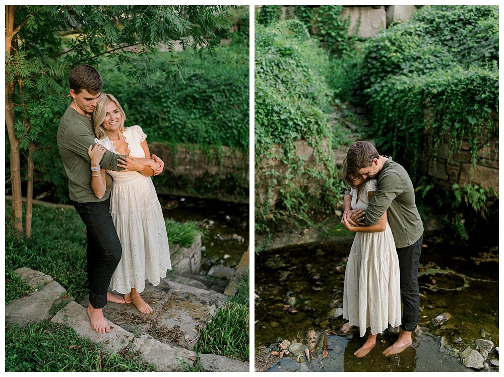 Guy hugging girl from behind holding her hands in Dallas engagement