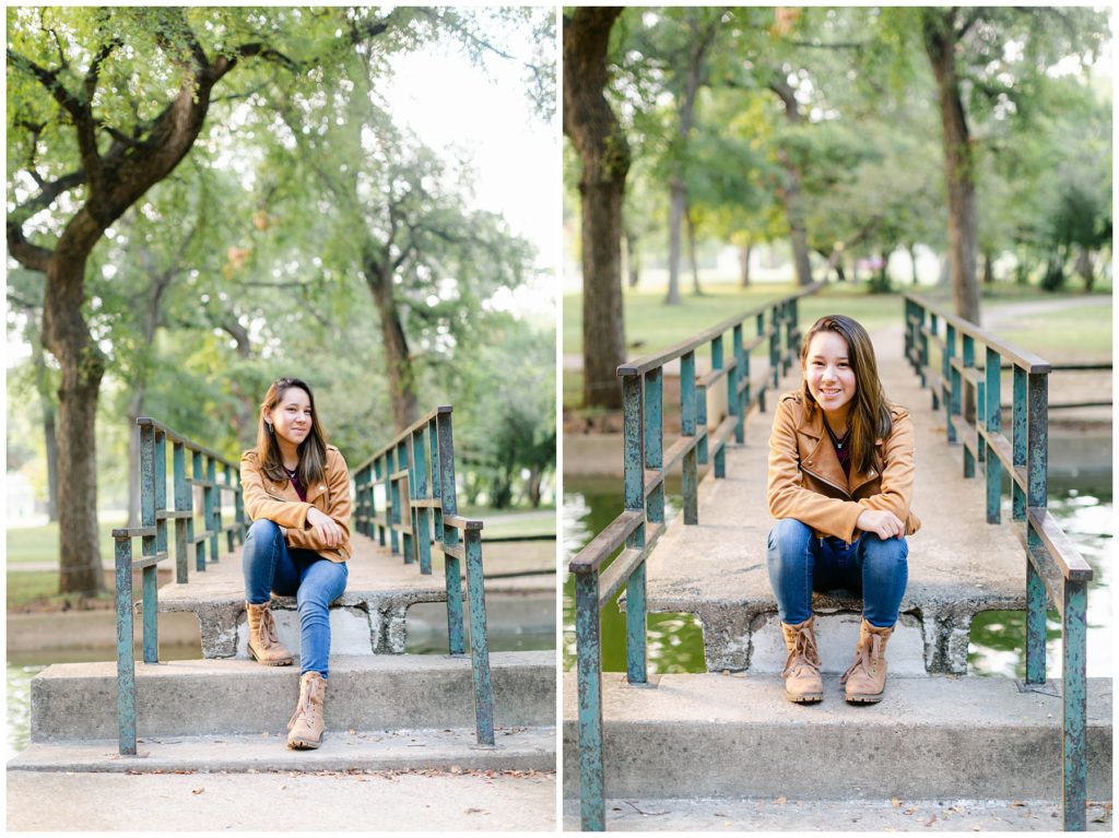 Girl sitting on cement steps under tree in Fort Worth Trinity Park senior session