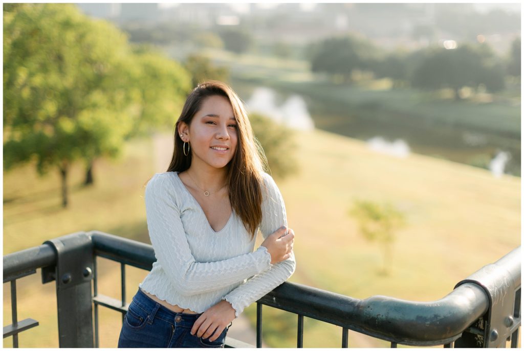 girl on Trinity Park bridge in downtown Fort Worth senior session