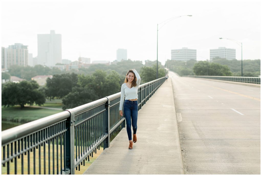 girl on Trinity Park bridge in downtown Fort Worth senior session