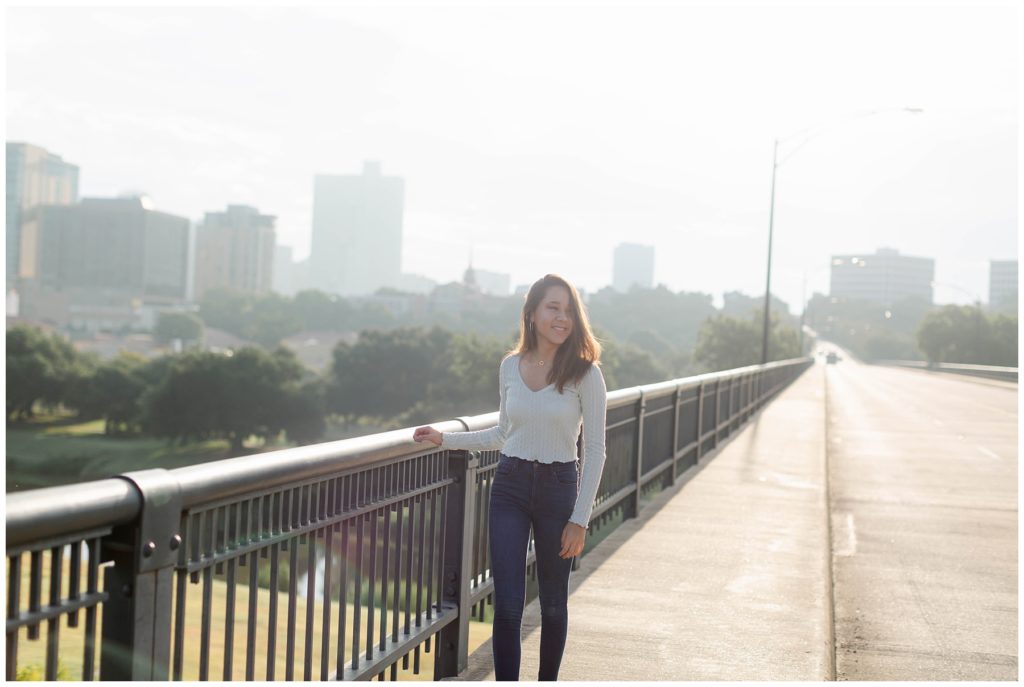 girl on Trinity Park bridge in downtown Fort Worth senior session