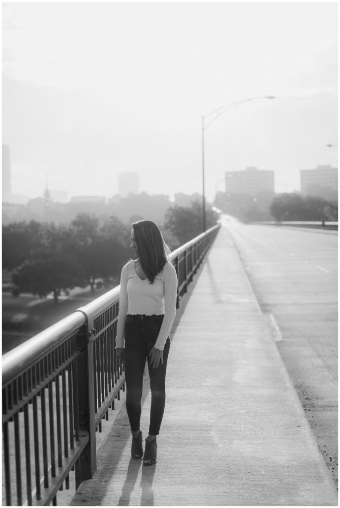 girl on Trinity Park bridge in downtown Fort Worth senior session