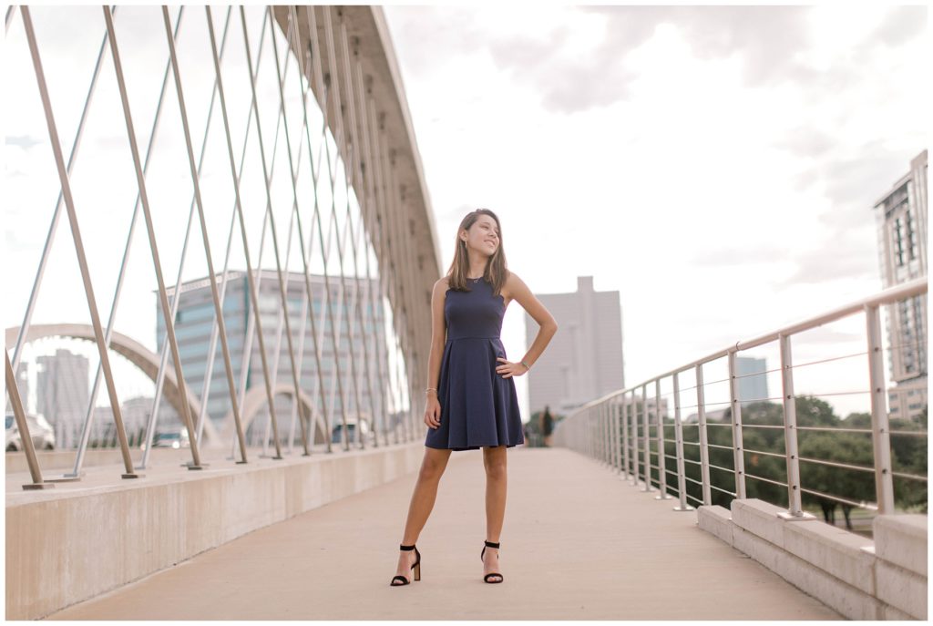 girl on Trinity Park bridge in downtown Fort Worth senior session