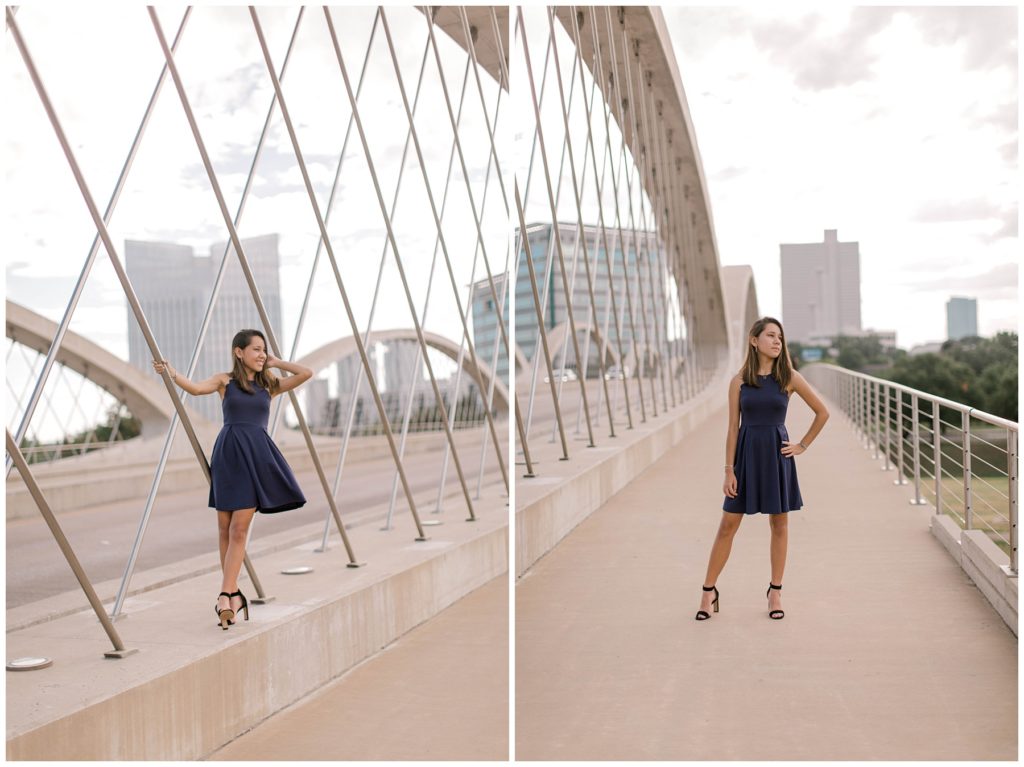 girl on Trinity Park bridge in downtown Fort Worth Trinity Park senior session