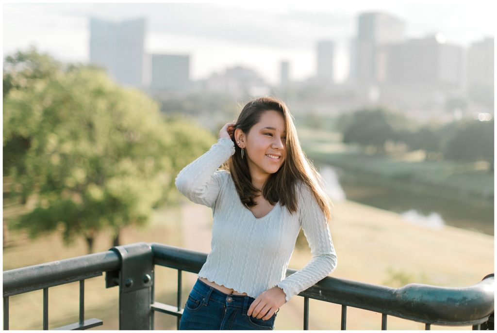 girl on Trinity Park bridge in downtown Fort Worth senior session