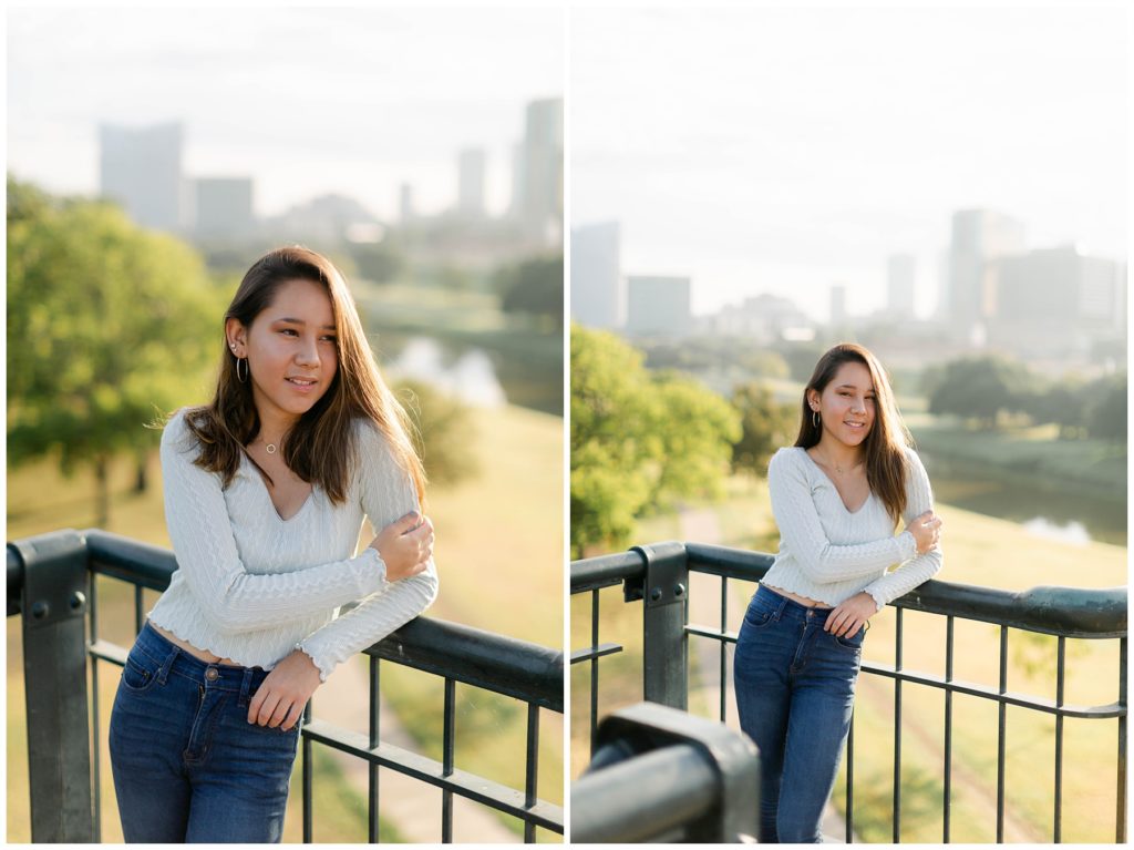 girl on Trinity Park bridge in downtown Fort Worth Trinity Park senior session