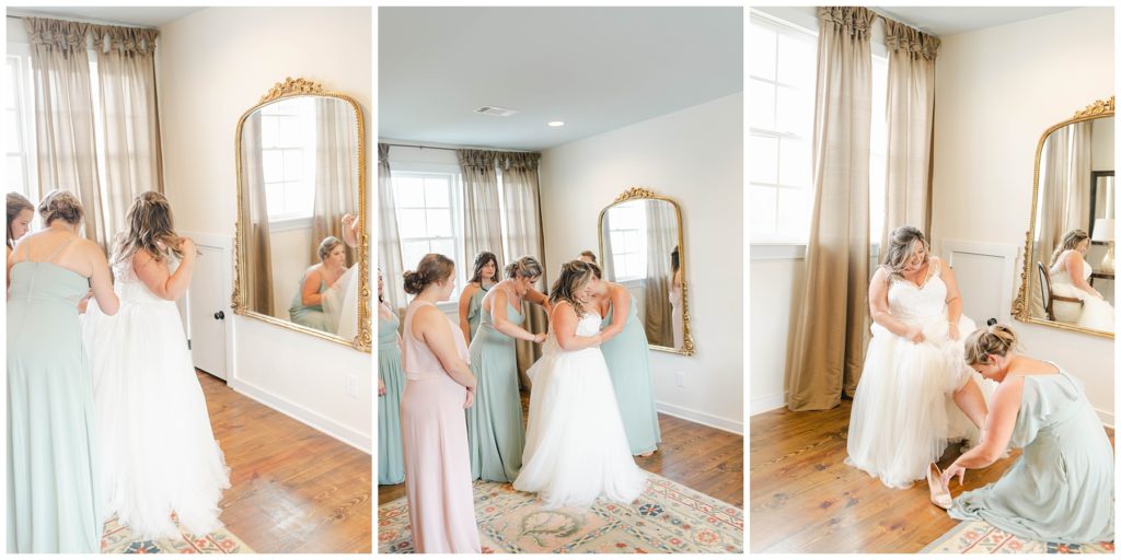 Bridesmaids helping bride get ready