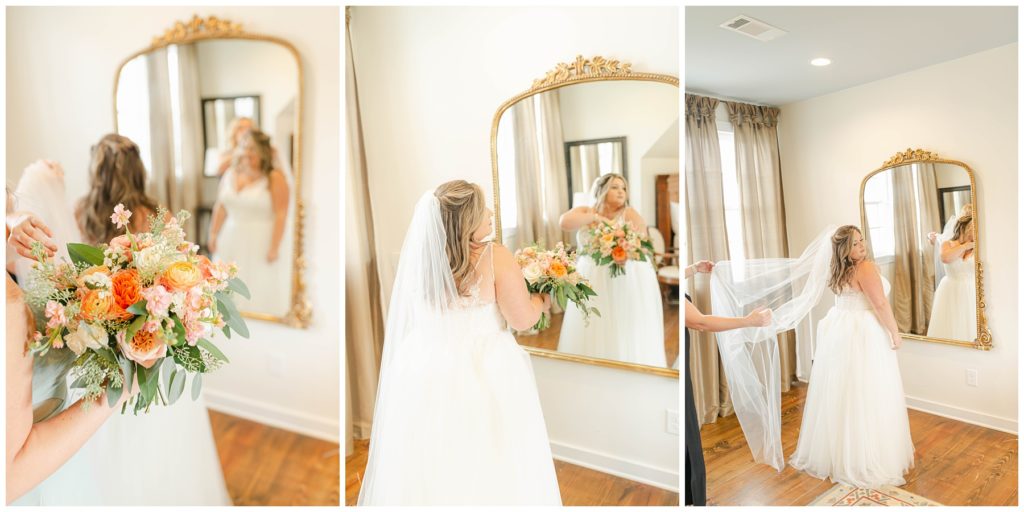 Bride standing in front of gold mirror at Pine Knoll Farms wedding venue