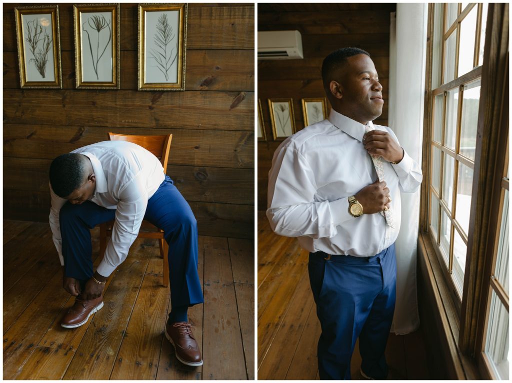 Groom getting ready by window