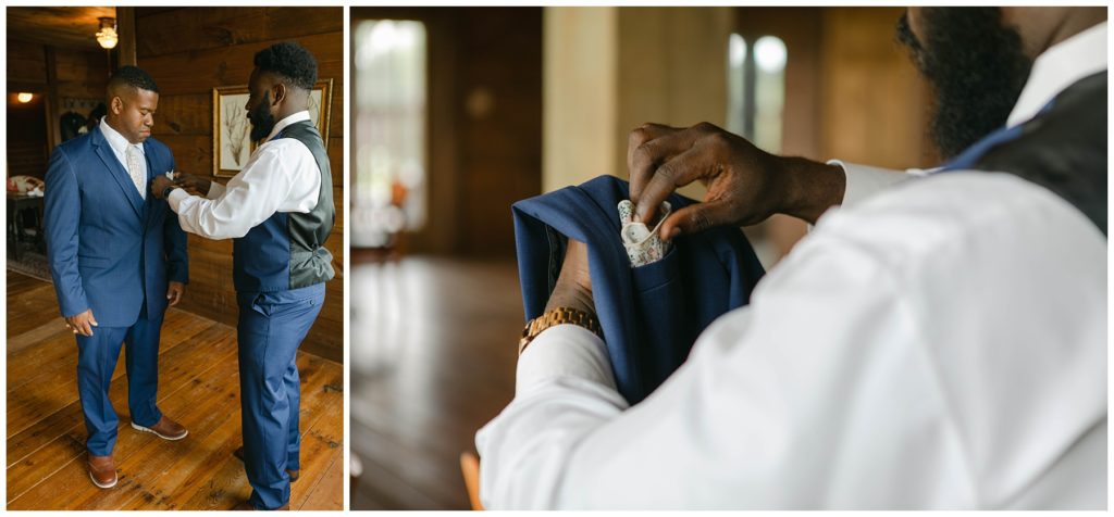 Groomsmen placing pocket hankerchief