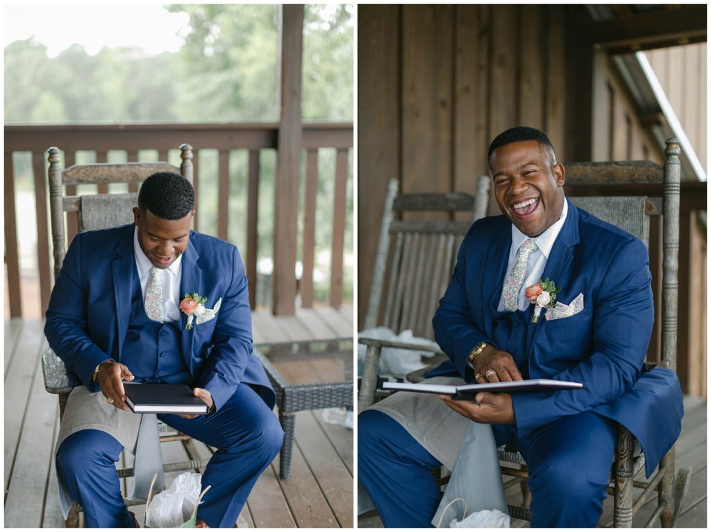 Groom opening gift from bride