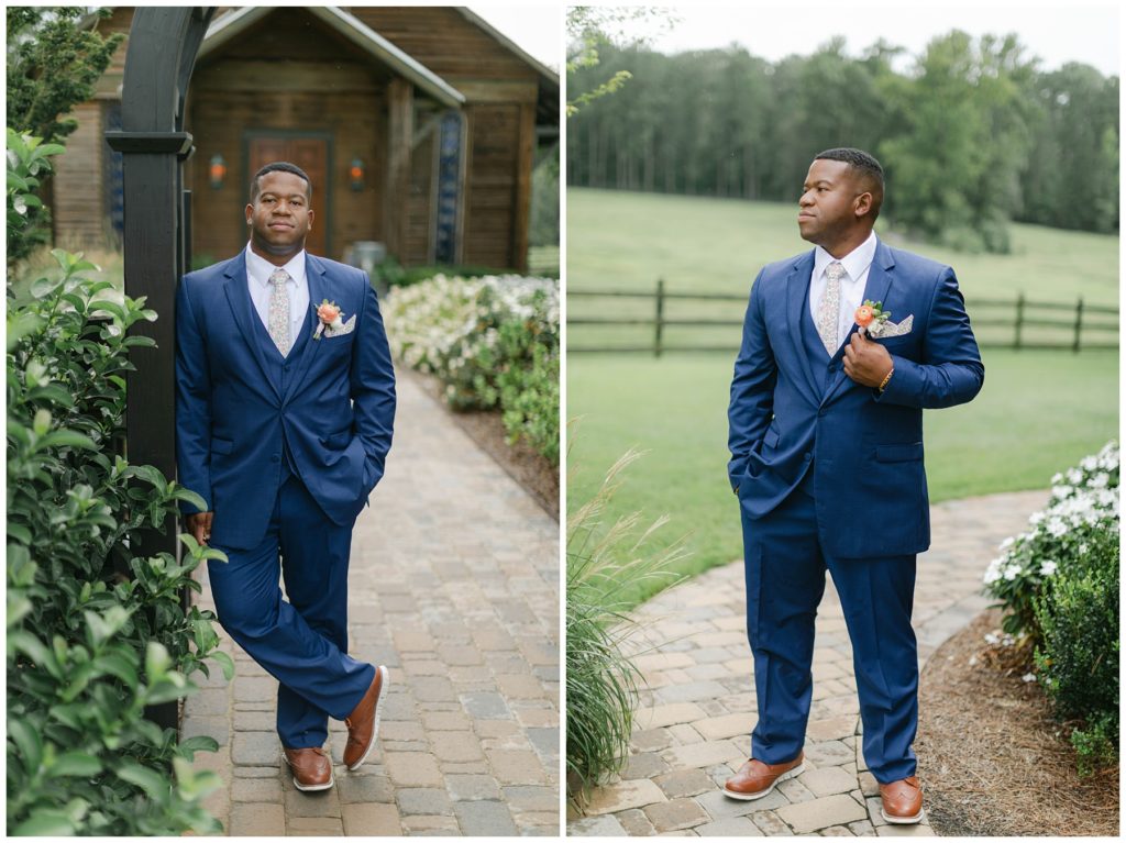 Groom standing at Pine Knoll Farms wedding venue