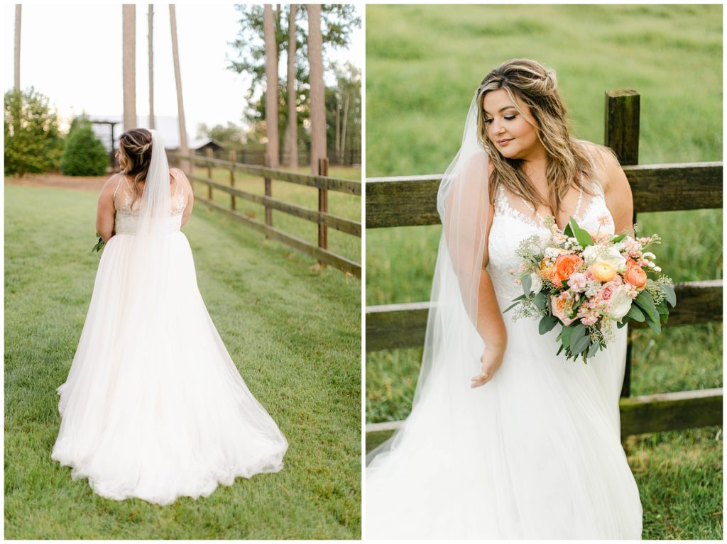 Bride standing in field at Pine Knoll Farms wedding venue