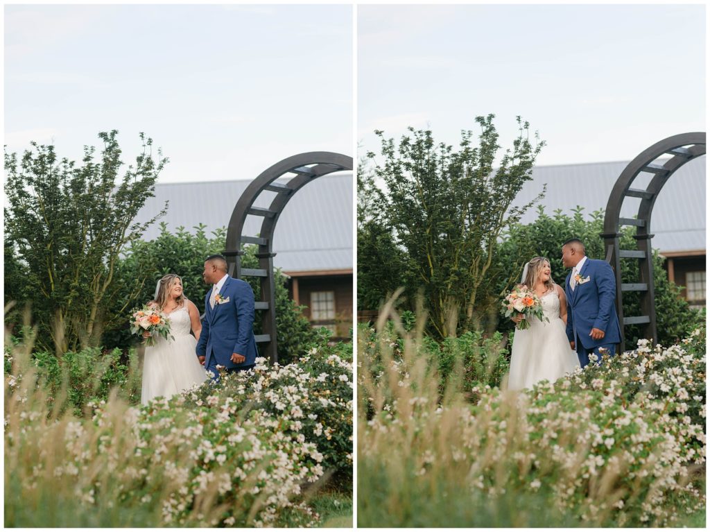 Bride and groom holding hands in Pine Knoll Farms wedding