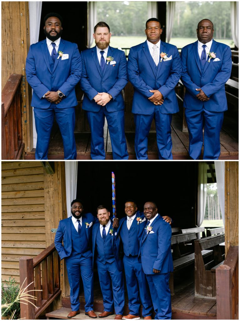 Groom and groomsmen standing in chapel at Pine Knoll Farms