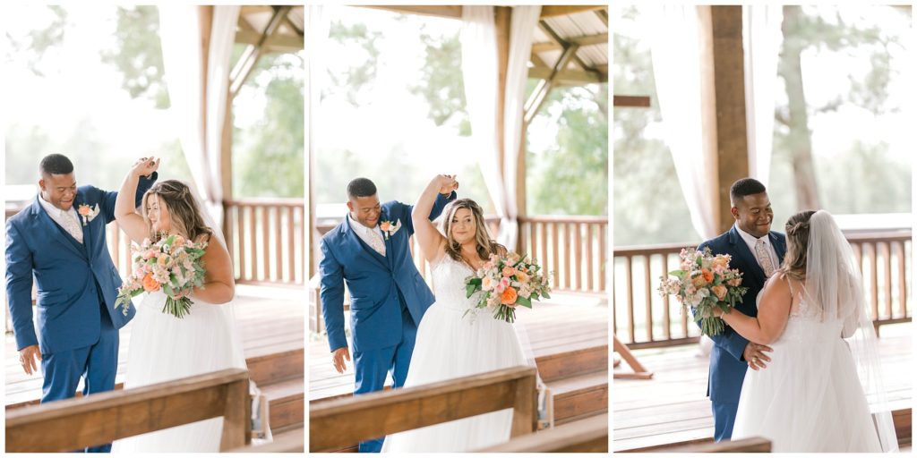 Bride and groom dancing during first look at Pine Knoll Farms The Kelly Chapel