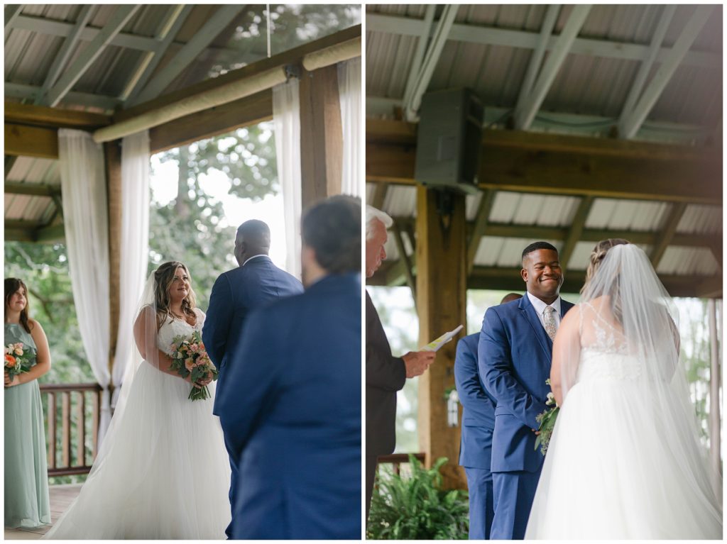 Bride and groom looking at each other at alter