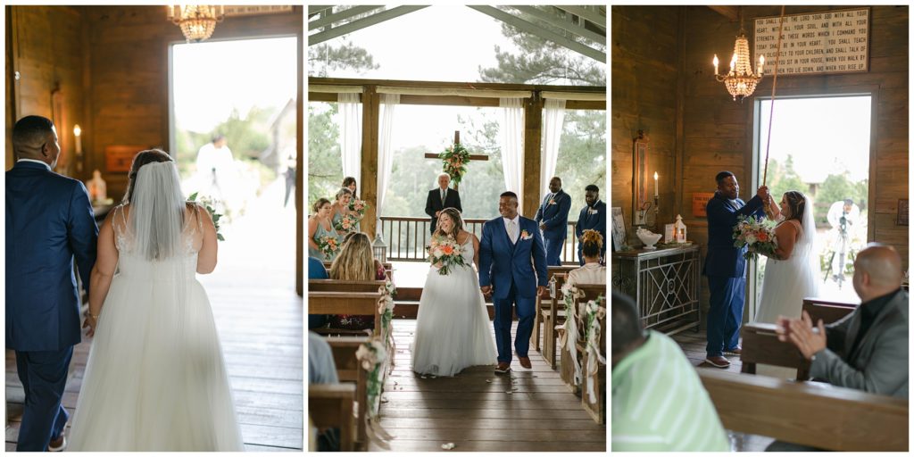 Bride and groom ring wedding bells at The Kelly Chapel Pine Knoll Farms wedding