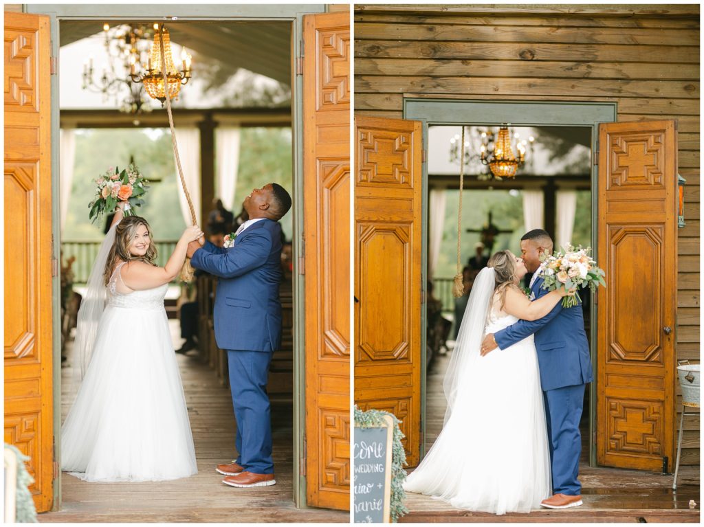 Bride and groom ring wedding bells at The Kelly Chapel Pine Knoll Farms wedding