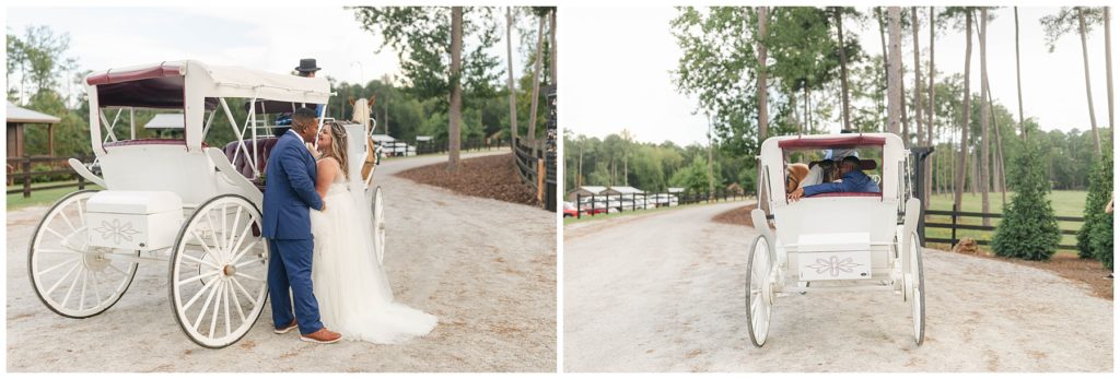 Bride and groom ride in wedding carriage