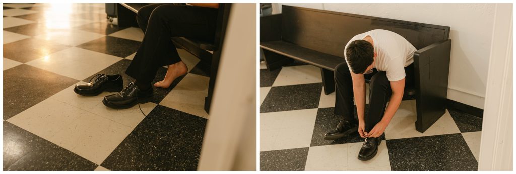 Groom putting on shoes