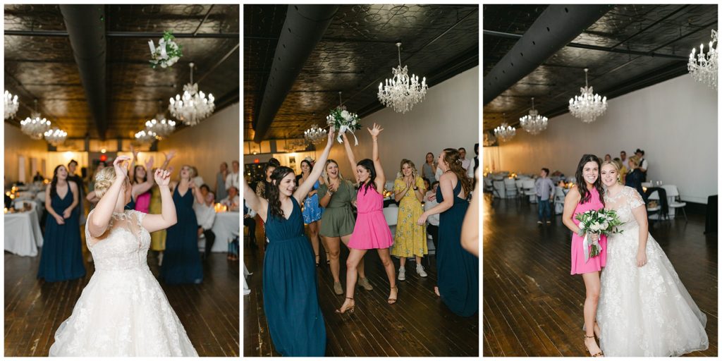 bridal bouquet toss in Hugos on the square wedding