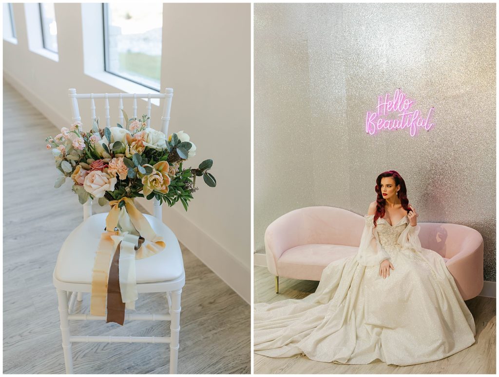 Bride sitting on pink velvet couch at Brighton Abbey estate