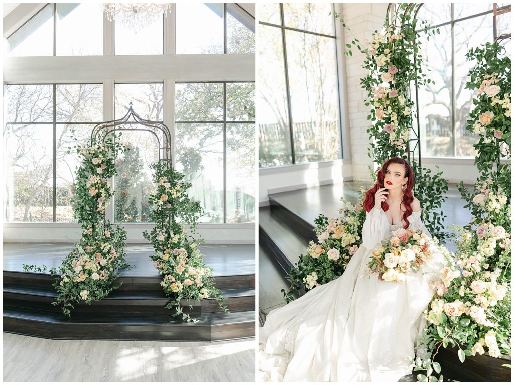 Bride sitting under floral arch in Brighton Abbey bridal session