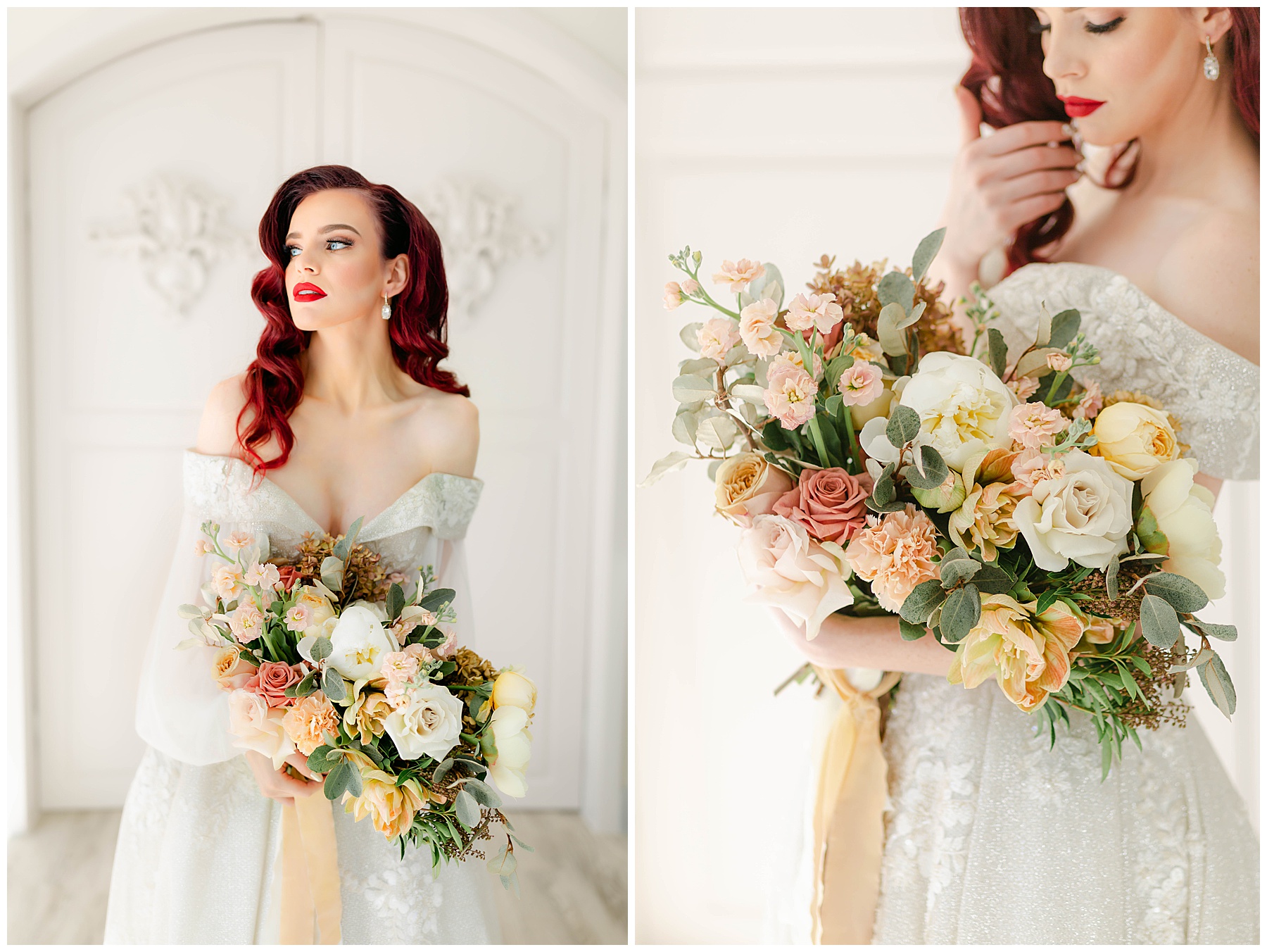 Bride holding gold and peach bridal bouquet