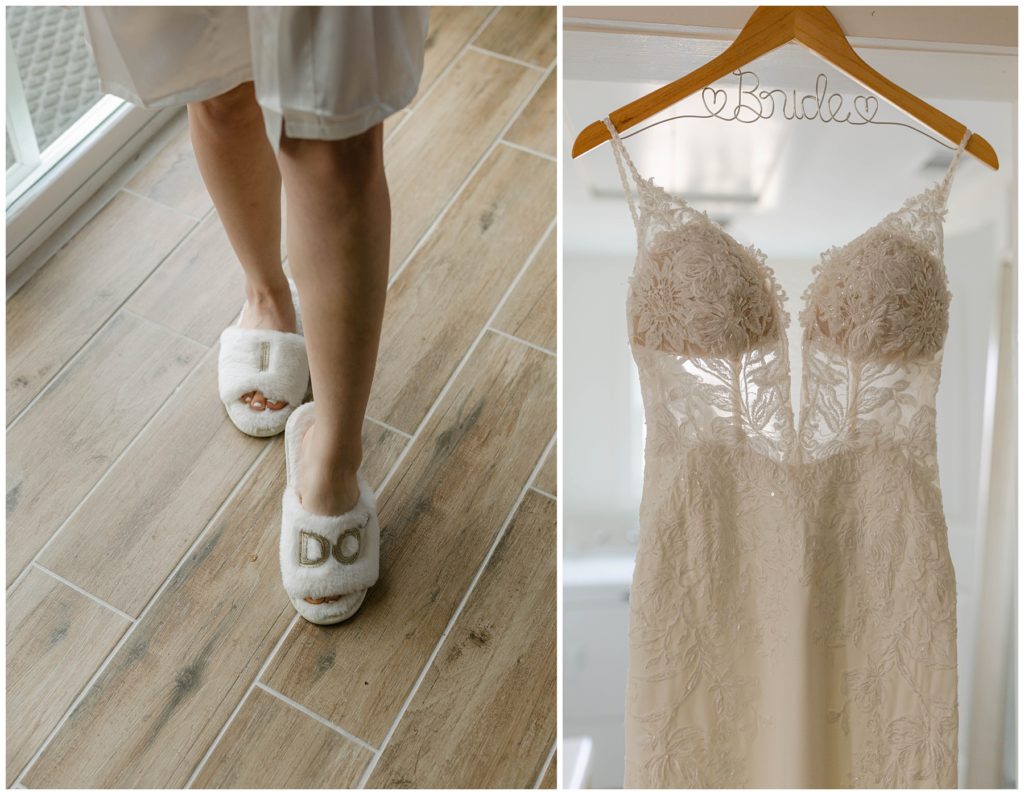 Wedding gown hanging from bride mirror, I DO slippers