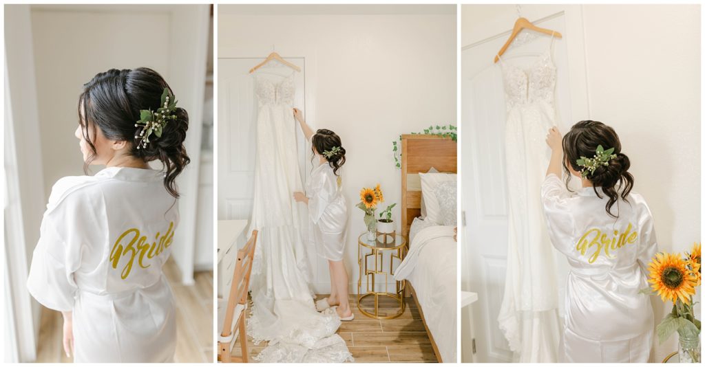 Bride looking at wedding gown