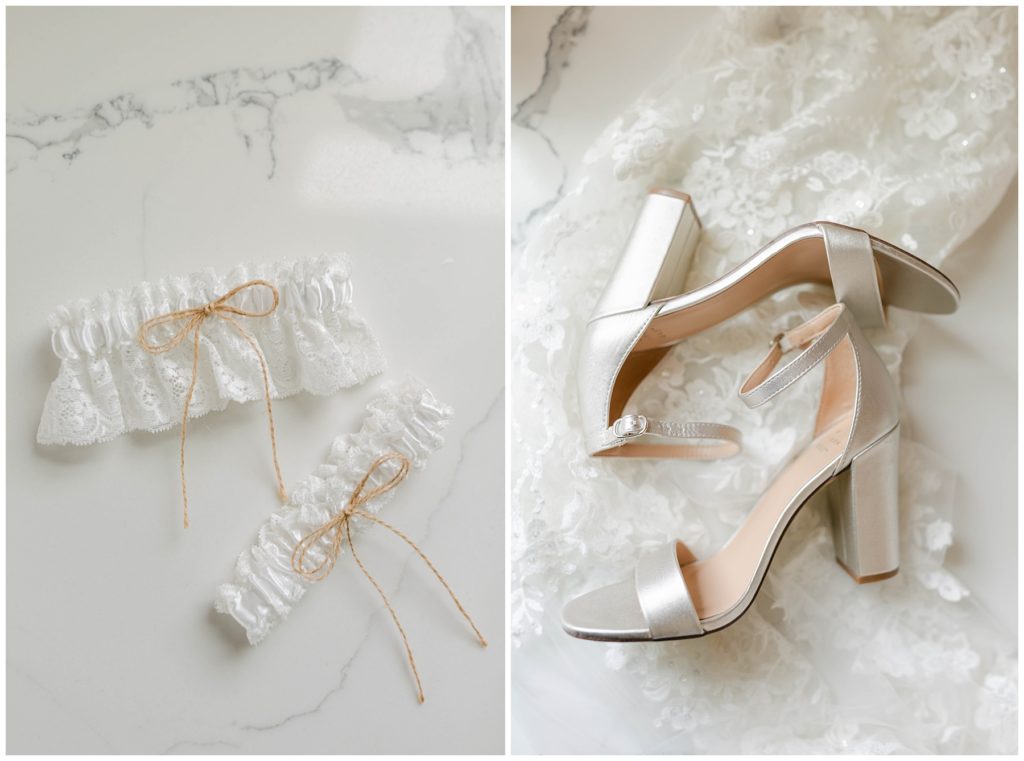 lacy wedding garter with twine, wedding heels