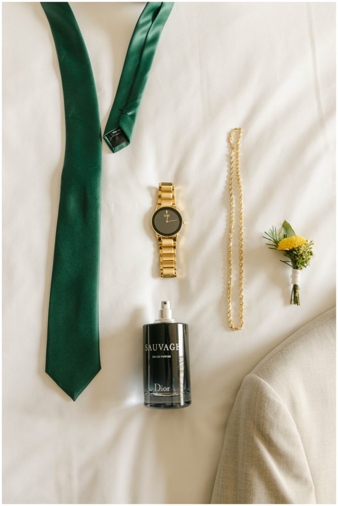 green and gold groom wedding details