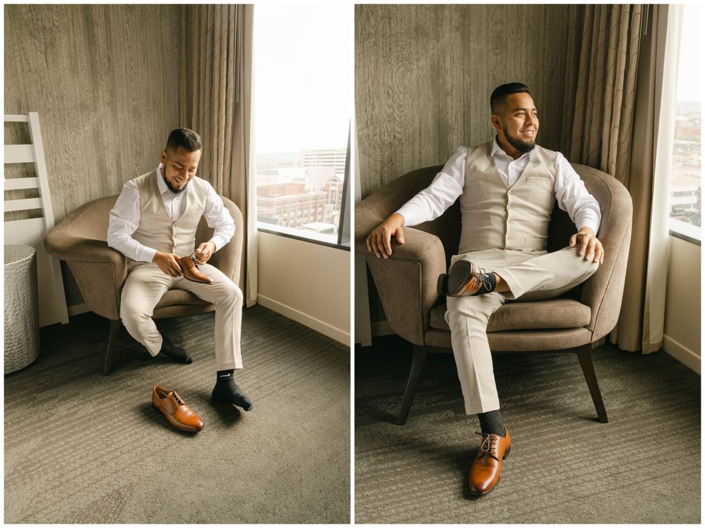 groom putting on shoes