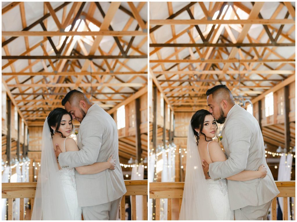 Bride and groom hugging in Big White Barn wedding