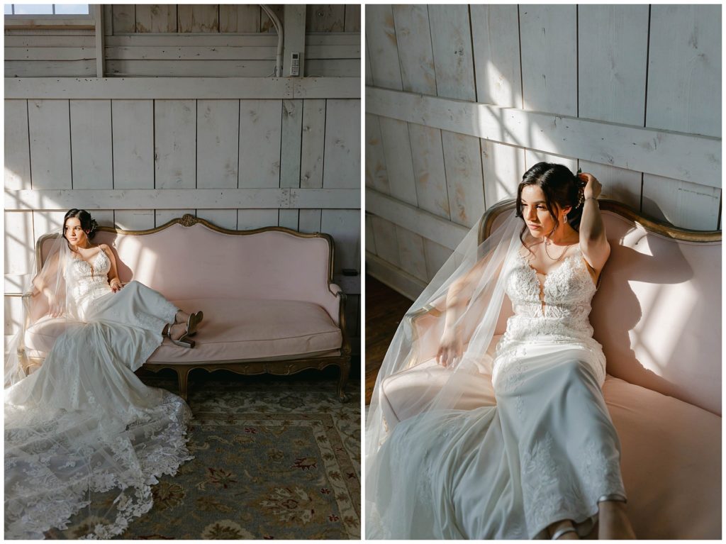 Bride laying on pink couch in Big White Barn wedding