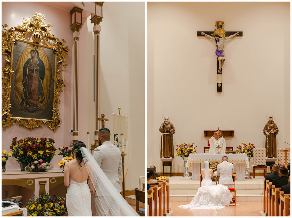 Bride and groom in Catholic wedding ceremony