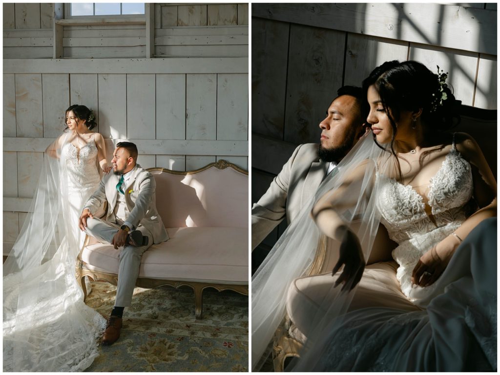 Bride and groom wedding portrait in The Big White Barn wedding