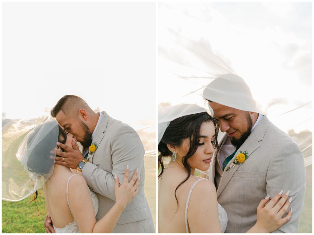 bride and groom kissing under wedding veil