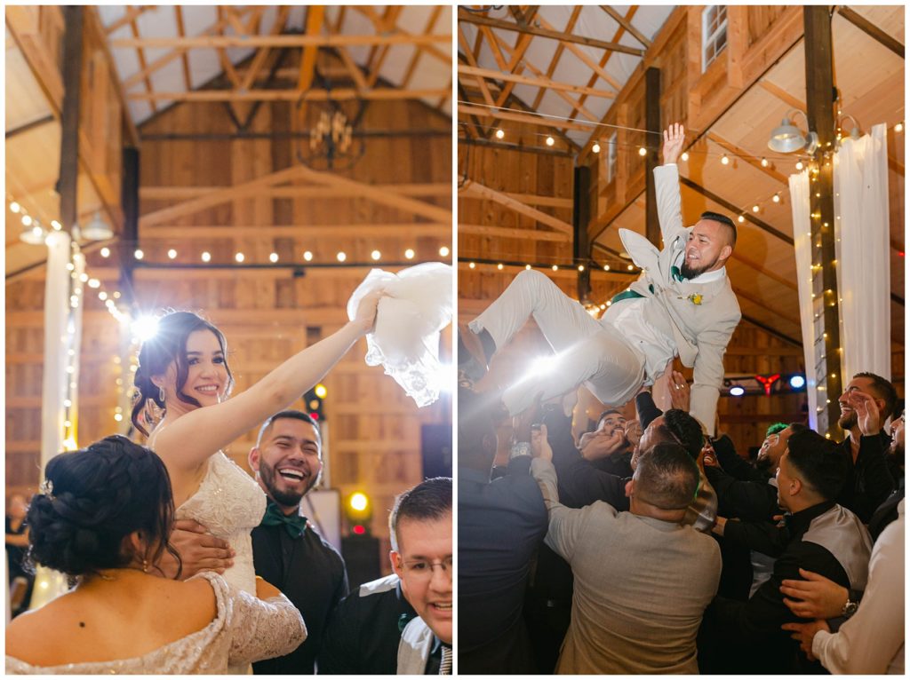 Bride and groom being tossed in air