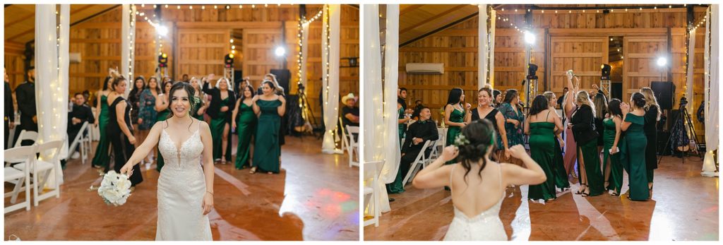 Bridal bouquet toss at The Big White Barn wedding