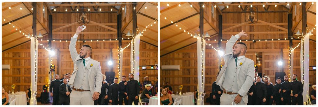 Groom garter toss at The Big White Barn wedding