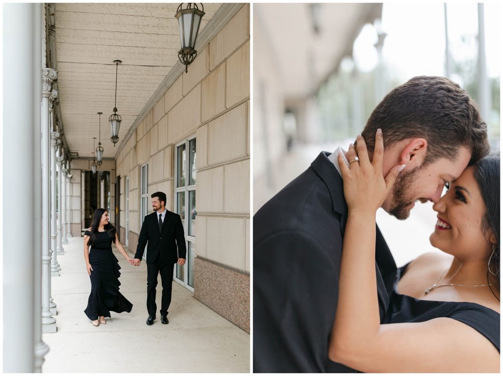 Couple walking hand in hand at Hotel Crescent Court engagement