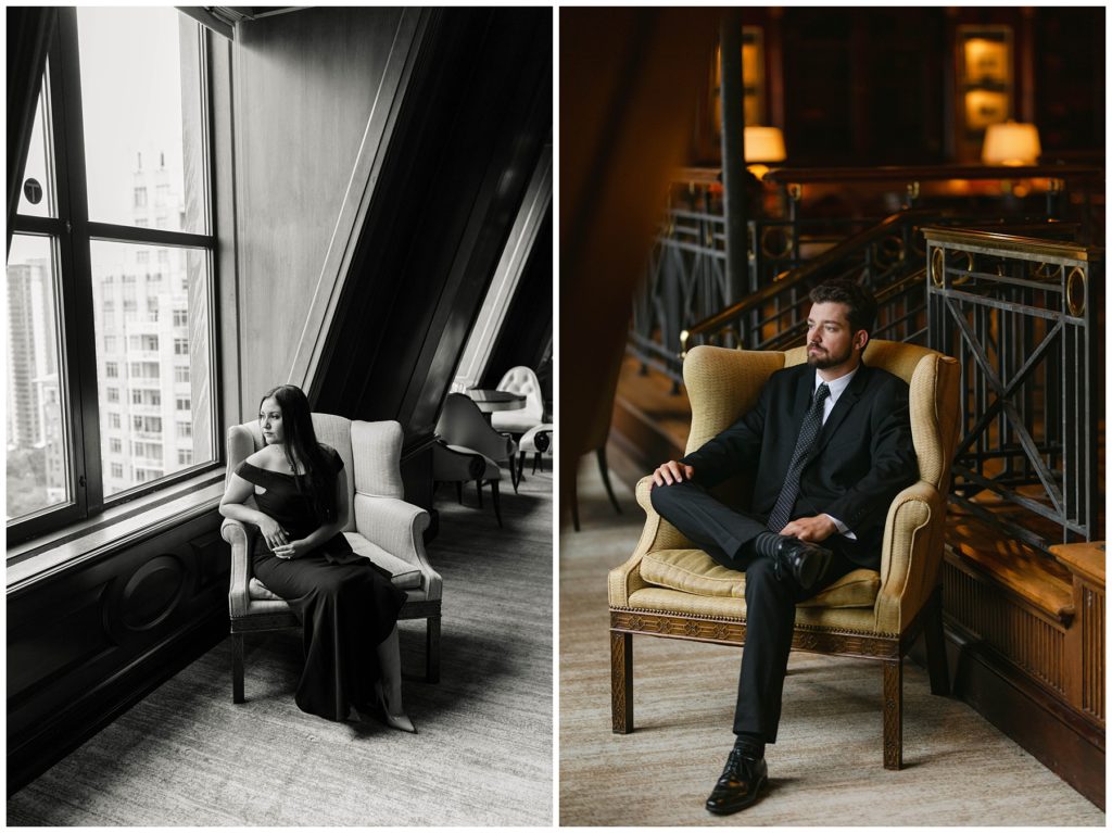 Guy and girl sitting in chairs at Hotel Crescent Court Texas