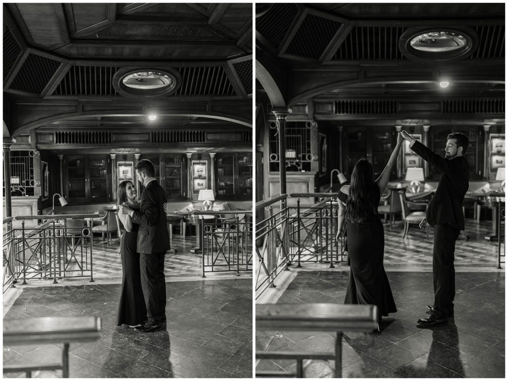 Couple dancing at Hotel Crescent Court engagement