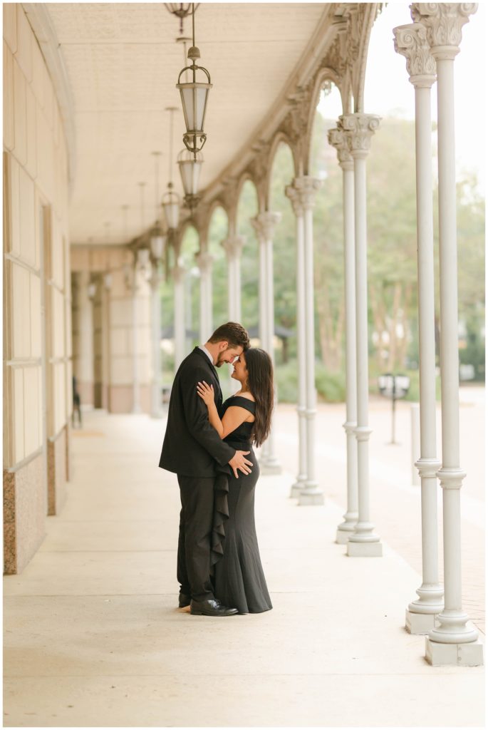 Couple embracing at Hotel Crescent Court engagement