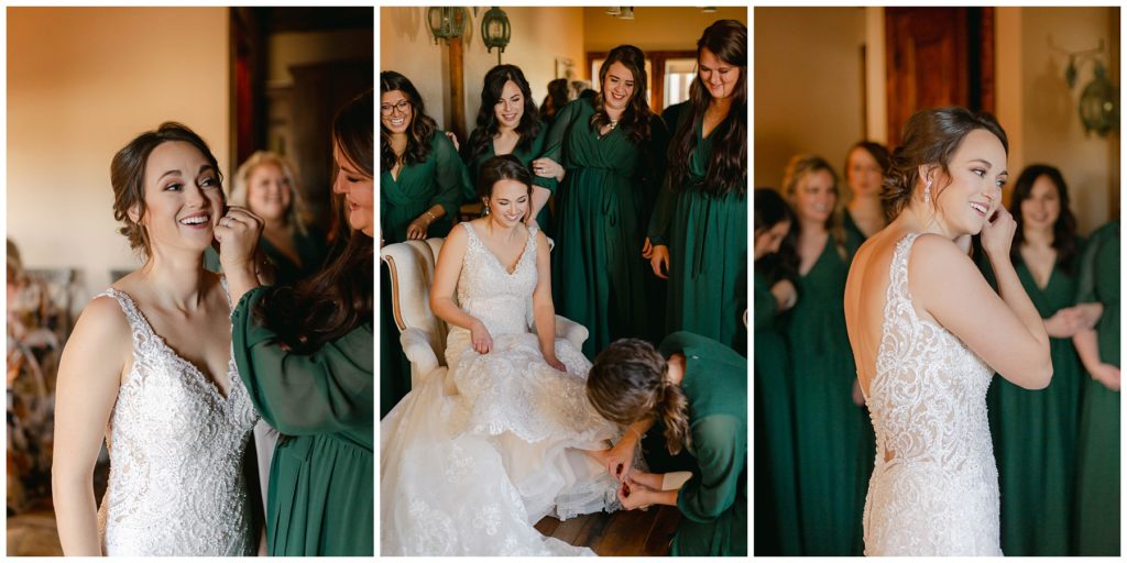 Bride getting ready with bridesmaids in green