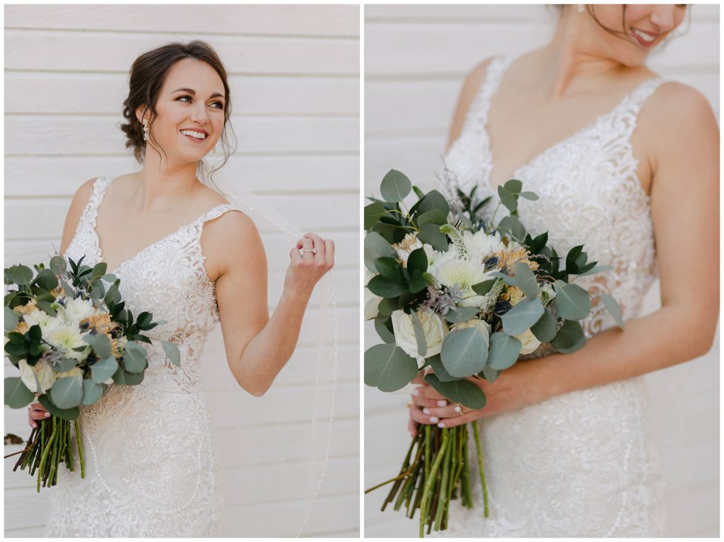 bride holding eucalyptus wedding bouquet