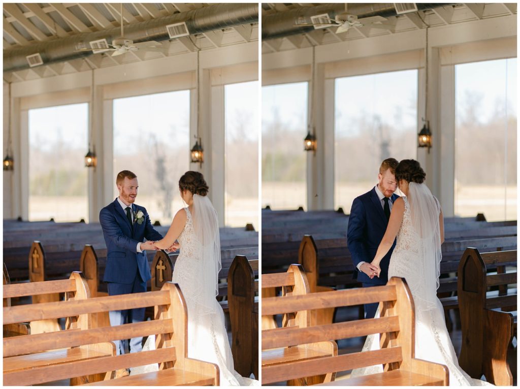 bride & groom first look at The Brooks at Weatherford wedding chapel